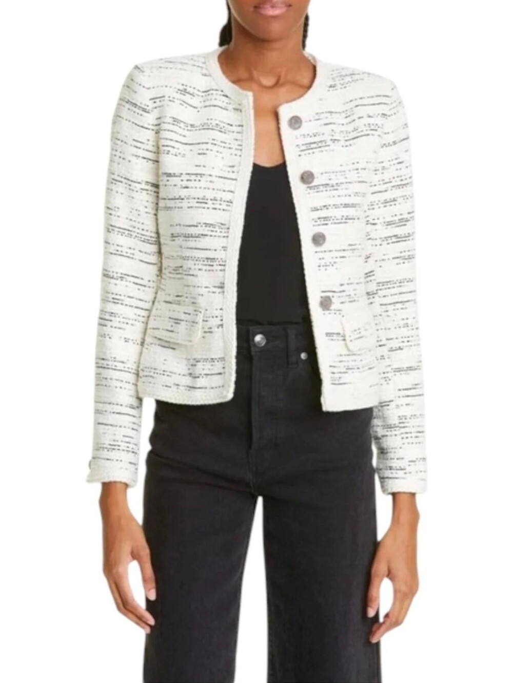 Ba&sh Womans Cream Tweed Button Front Jacket